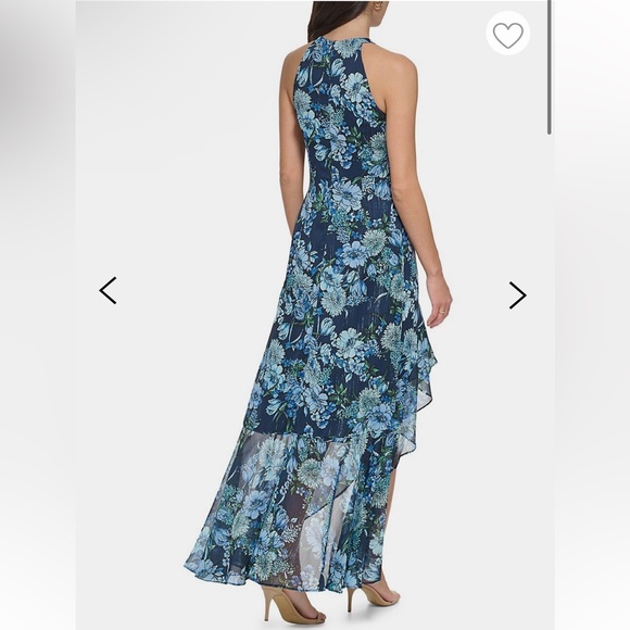 NWT Vince Camuto Sz 6 Womens Blue Floral Chiffon Halter Ruffle Drape Dress Gown! - Picture 2 of 16